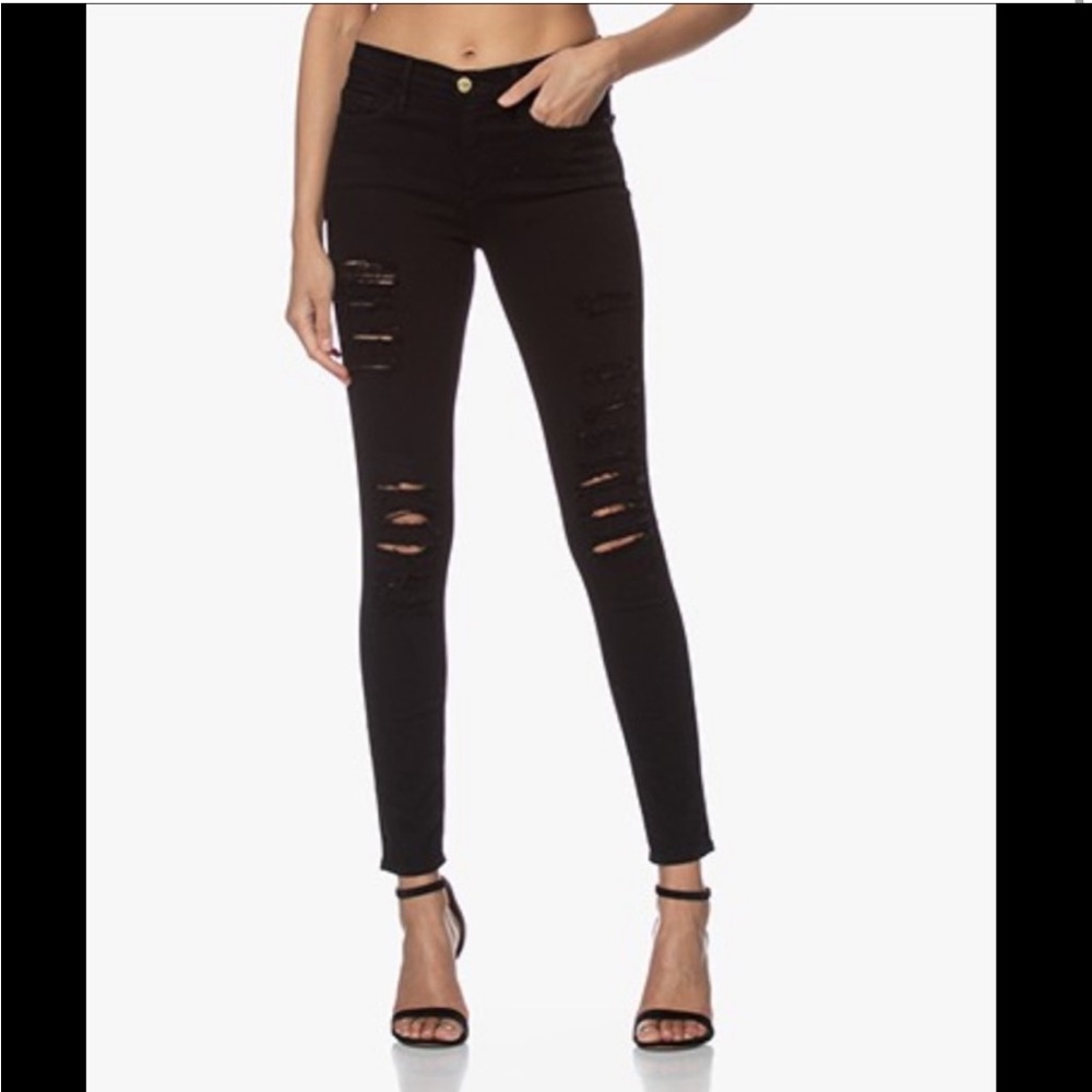 Frame denim le high Black Distressed Skinny Jeans 28